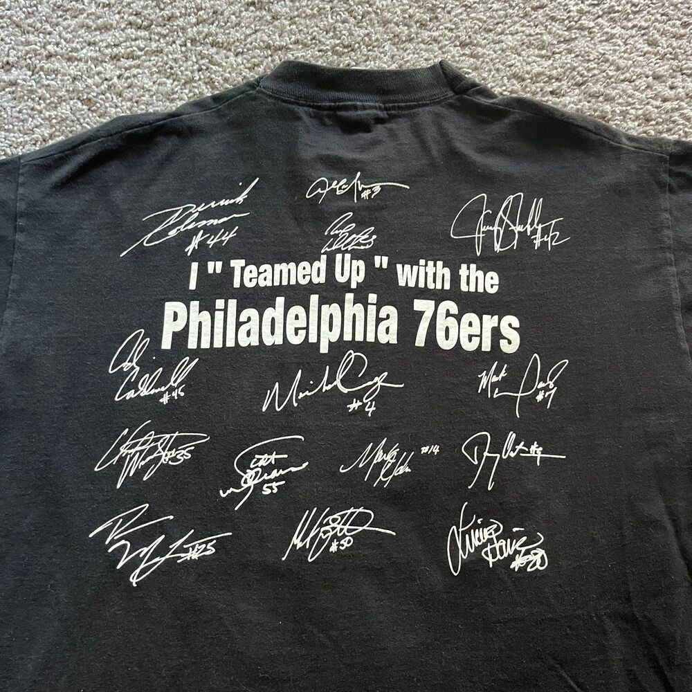 Vintage 90s Philadelphia 76ers Sixers Autograph Team Up T Shirt Black Sz XL NBA - Picture 1 of 9